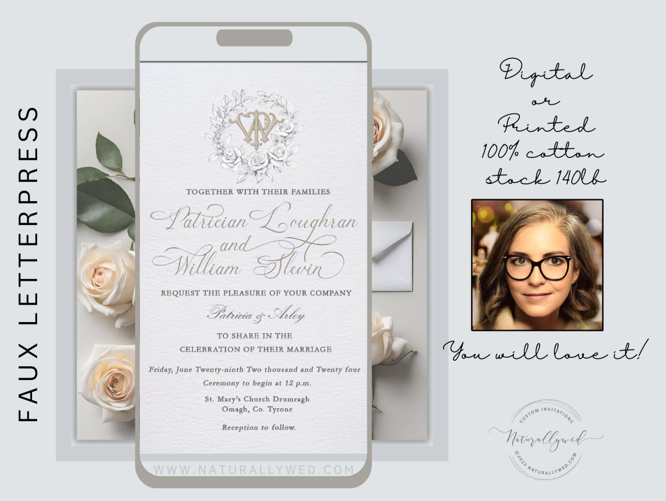 Letterpress wedding invitation custom monogram with a roses wedding crest