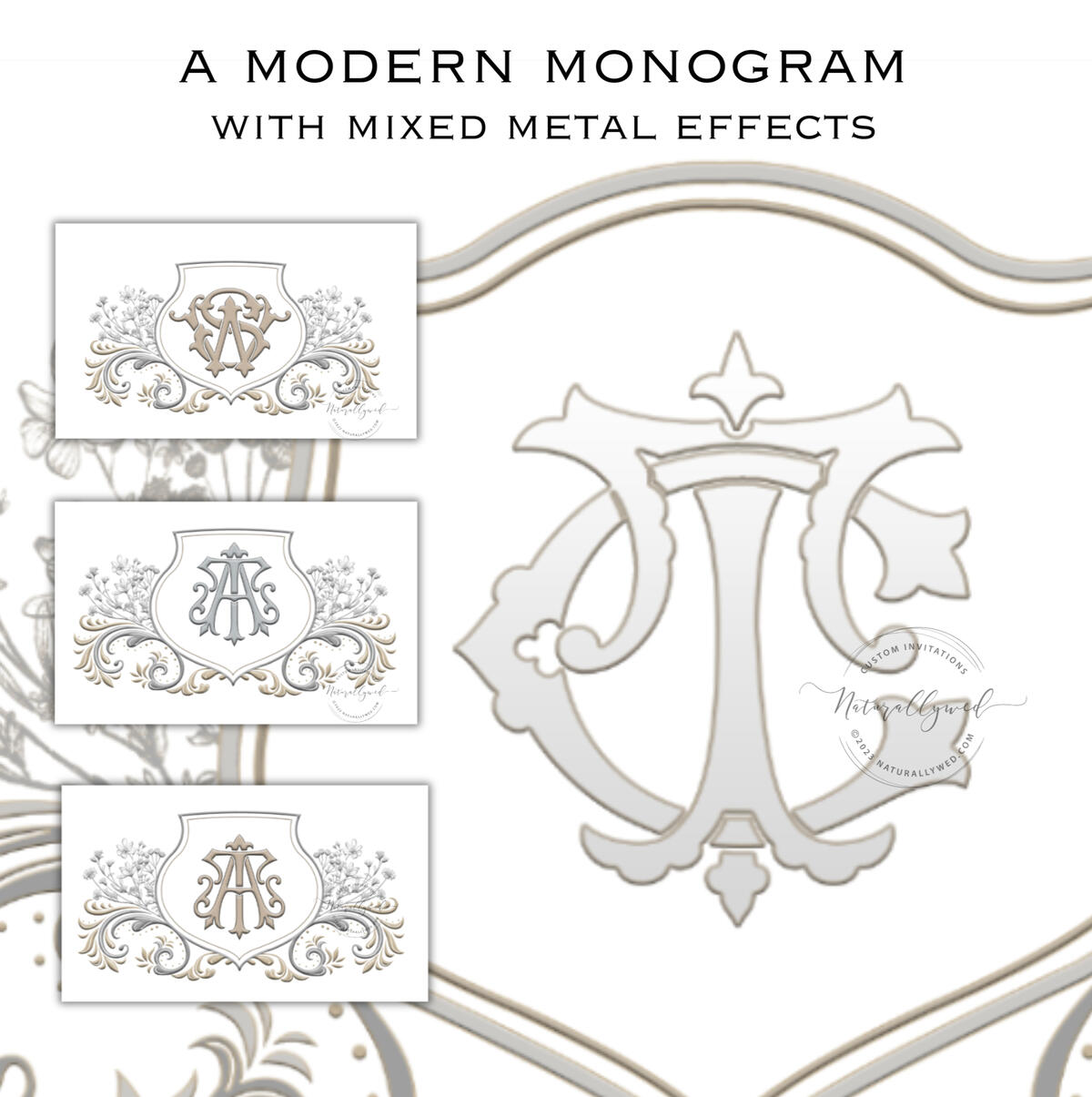 custom wedding monogram with gold and grey doutone monogram crest two styles to choose from